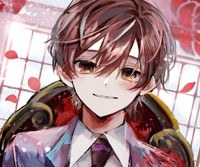 Anime boy with brown hair and amber eyes