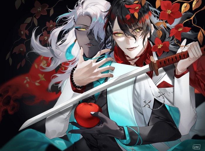 Vox Akuma and friend with sword and apple