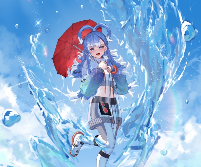 Kobo Kanaeru from Hololive with umbrella in water