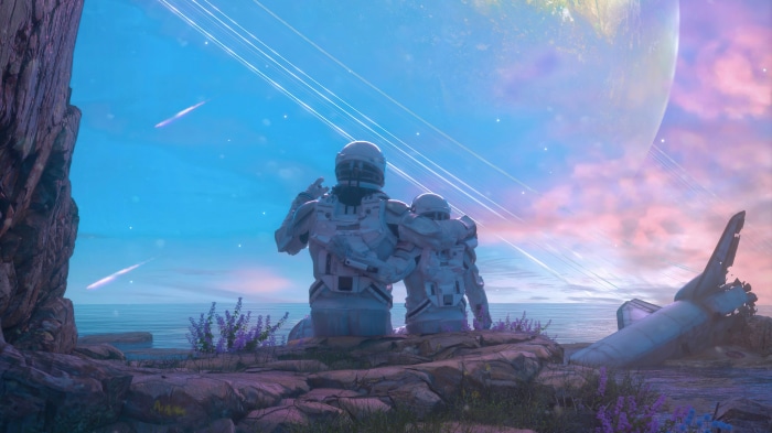 Two astronauts on an alien planet with a ringed planet in the sky