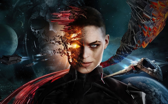 Woman's face disintegrating in space with spaceships