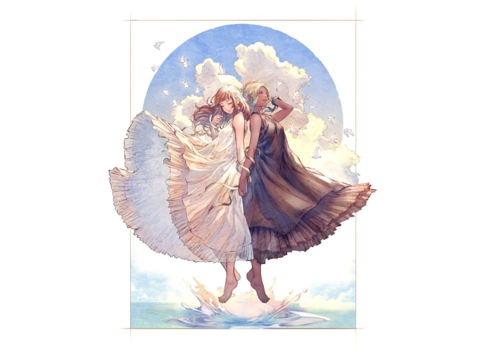 Two girls in flowing dresses standing in water with birds and clouds