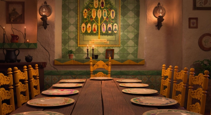 Dining room with family tree painting