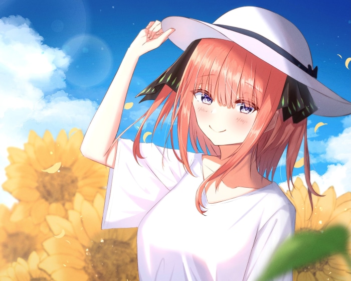 Nino Nakano from The Quintessential Quintuplets in a field of sunflowers
