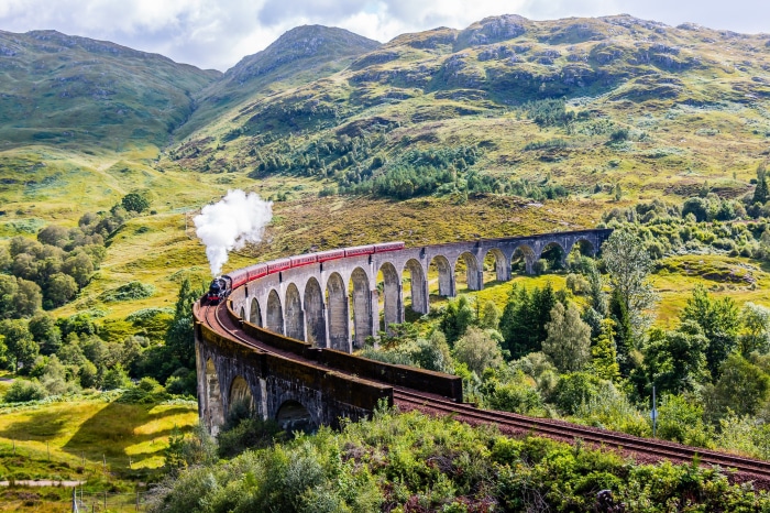 Steam train on Glenfinnan Viaduct, Scotland