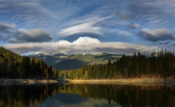 Lake with Mountains and Forest Reflection