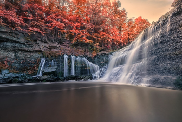Waterfall in Autumn with Red Trees 4K
