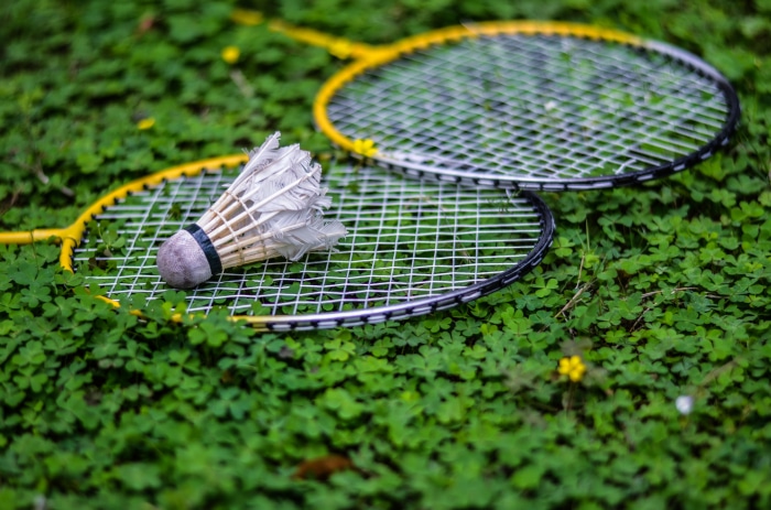 Badminton shuttlecock and rackets on grass 4K