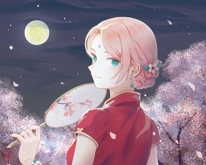 Sakura Haruno from Naruto holding a fan