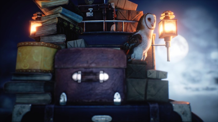 Owl on luggage with moon and lanterns