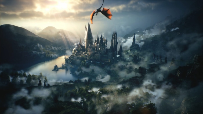 Hogwarts Castle with a Dragon Flying Above
