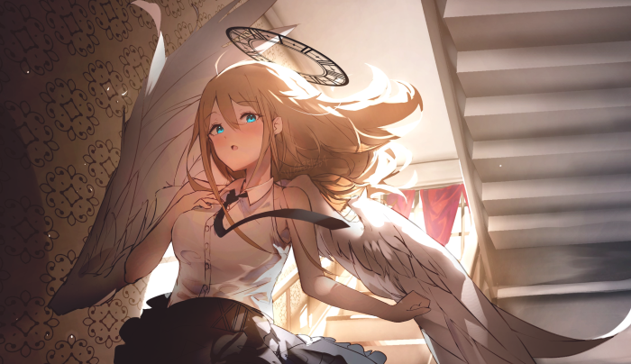 Angel with clock halo on stairs