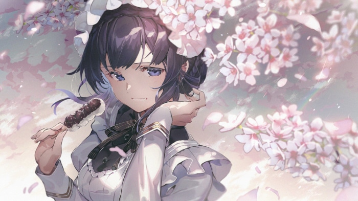 Girl in maid outfit eating dango under cherry blossoms