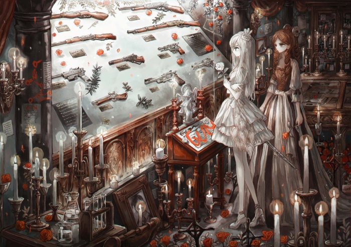 Two girls in a room filled with guns and candles