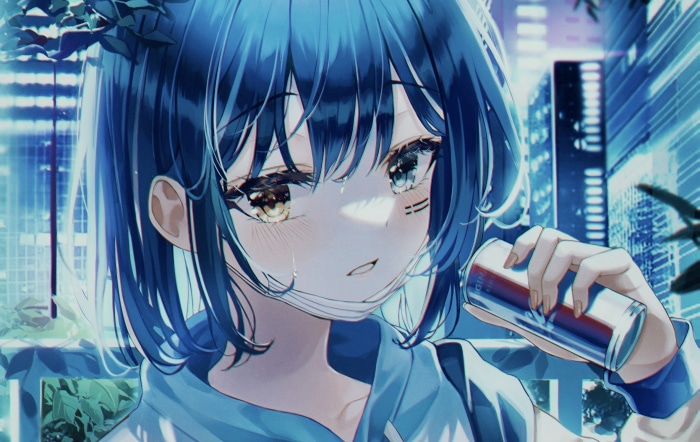 Anime girl with blue hair drinking from a can