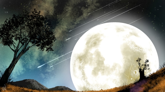 Night sky with a large moon and shooting stars over a landscape with trees