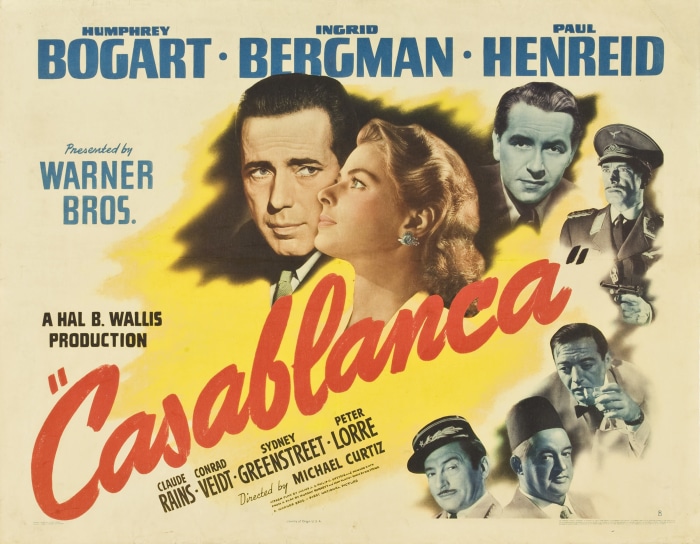 Casablanca movie poster with Humphrey Bogart and Ingrid Bergman