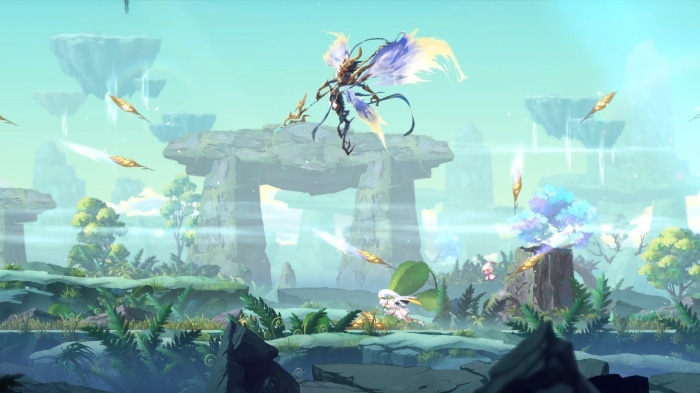 Winged warrior with spear in floating islands
