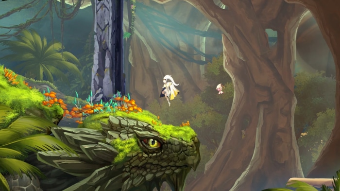 Girl and creature in a mossy jungle with a dragon