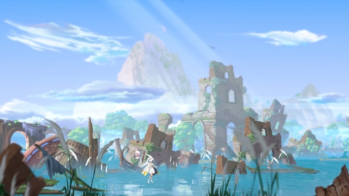 Two anime girls in a flooded ruin with mountains in the background