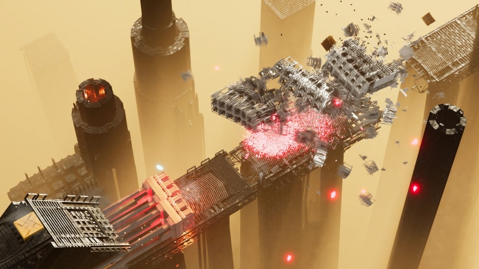 Destroyed futuristic city with glowing red lights