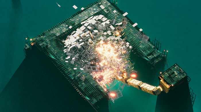 Explosion on a futuristic platform over water