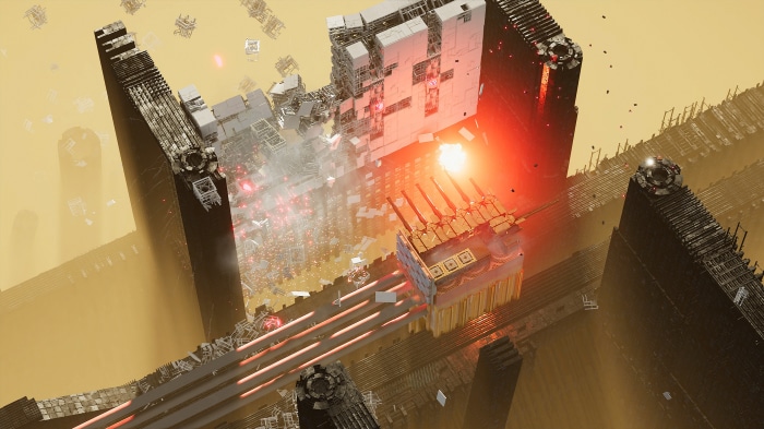 Destruction of a futuristic city with red energy beams