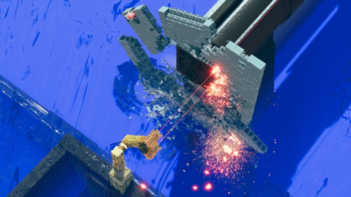 Demolition of a futuristic structure with lasers