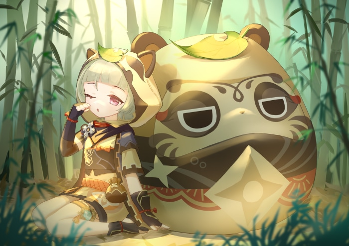 Sayu and Tanuki from Genshin Impact in bamboo forest
