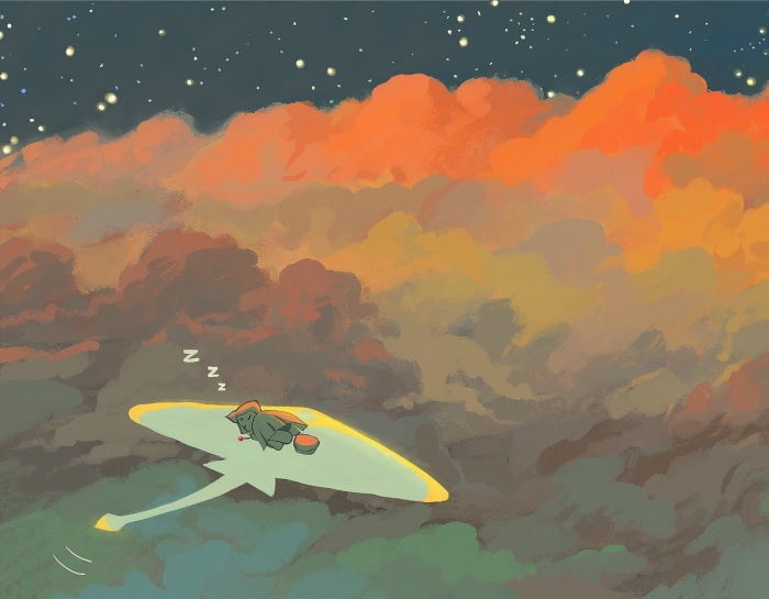 Character sleeping on a glider in the sky
