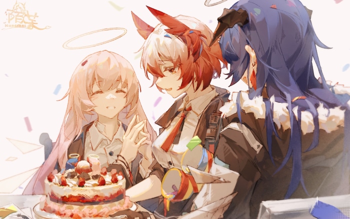 Arknights characters celebrating with a cake