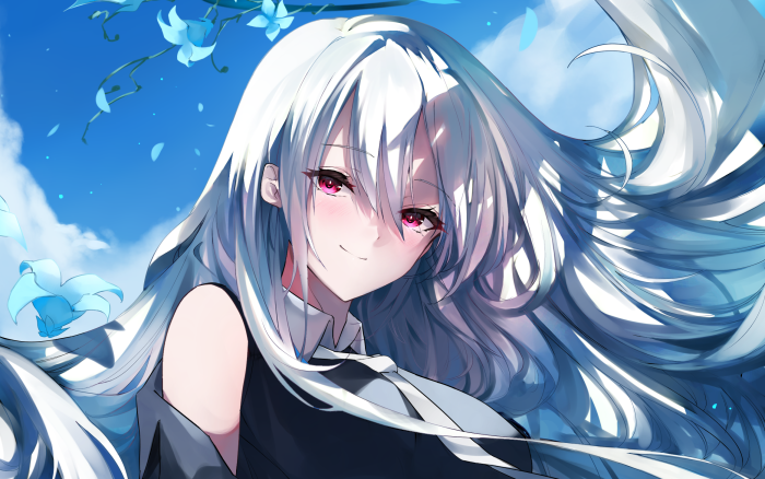 Girl with long white hair and pink eyes
