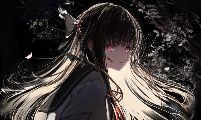 Girl with red eyes and blood splatters