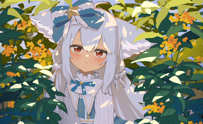 Anime girl with animal ears in a garden