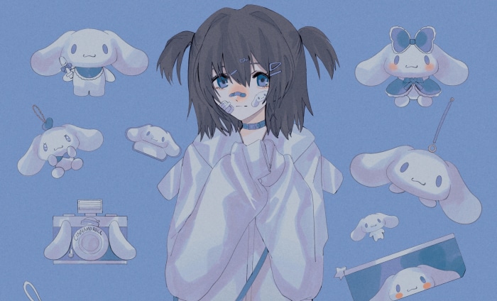 Girl with Cinnamoroll plushies and accessories