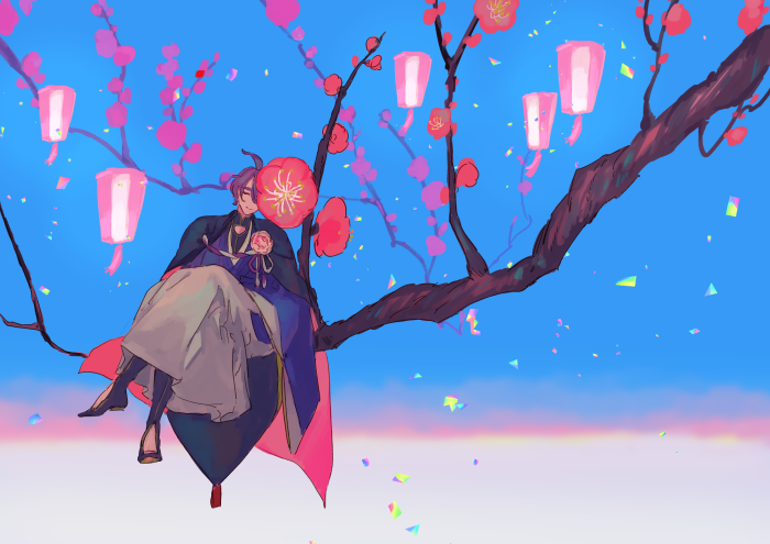 Kasen Kanesada from Touken Ranbu sitting on a tree branch