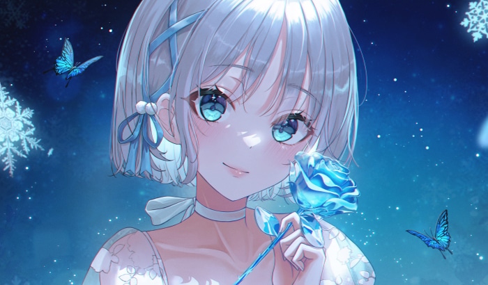 Anime girl with blue rose and butterflies