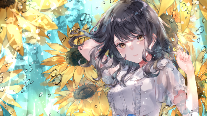 Girl with sunflowers and water droplets