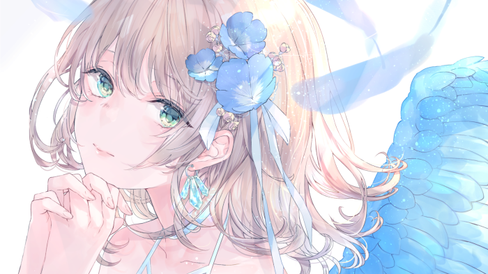 Angel with blue wings and flowers in hair
