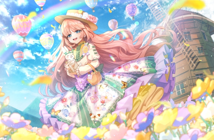 Girl with pink hair holding a bunny