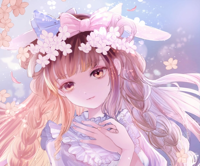 Anime girl with flower crown and pink bow