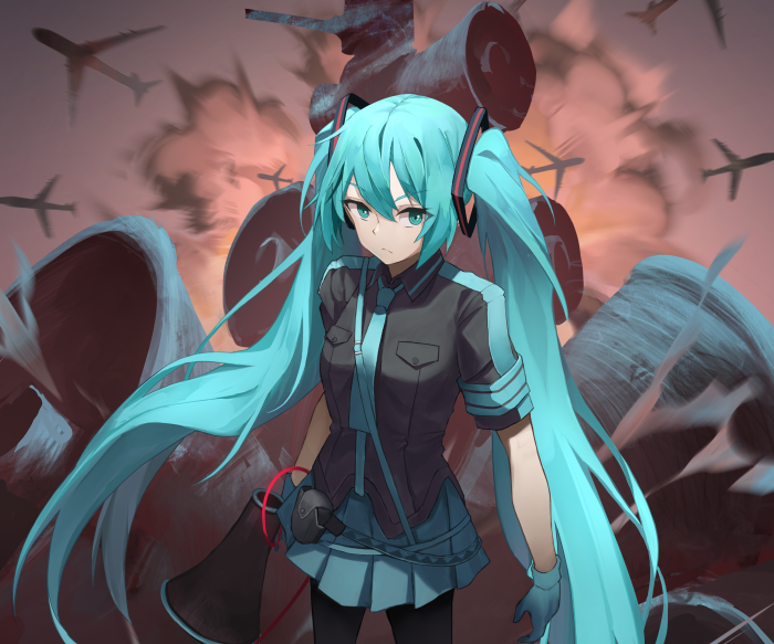 Hatsune Miku in military uniform with airplanes and explosions