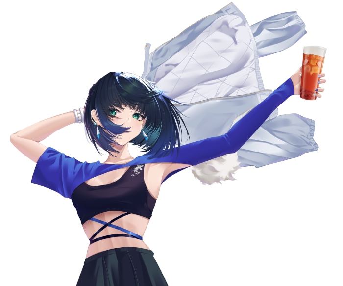 Yelan from Genshin Impact with a drink
