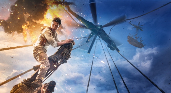 Nathan Drake from Uncharted on a ship with helicopters