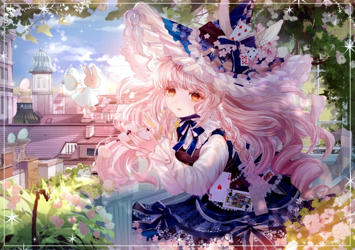 Girl with pink hair and Alice in Wonderland outfit
