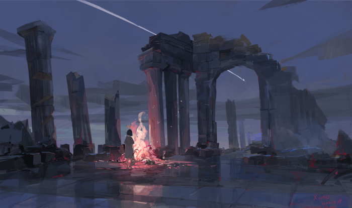 Ruined ancient architecture with a lone figure by a campfire