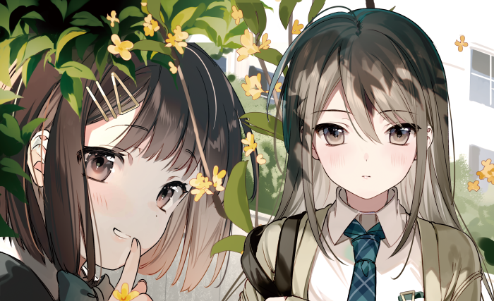 Two anime girls with flowers and leaves