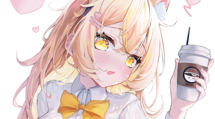Anime girl with cat ears holding a coffee cup