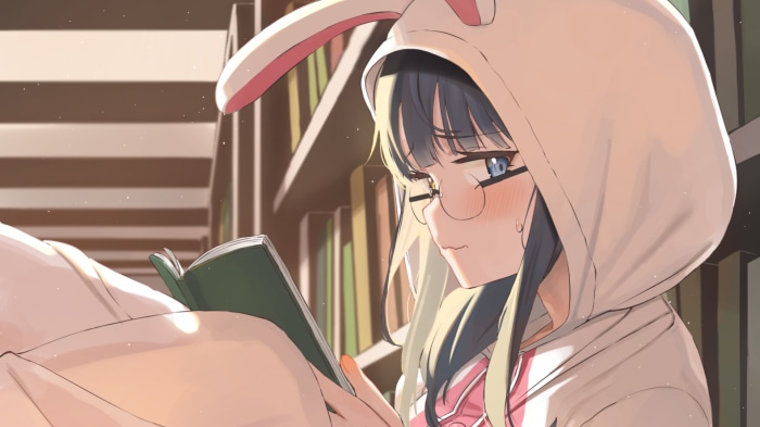 Girl in bunny hoodie reading a book