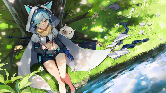 Girl with cat-themed hoodie and sniper rifle in forest
